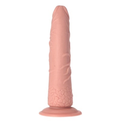 Dildo cor da pele com textura e base arredondada em fundo branco