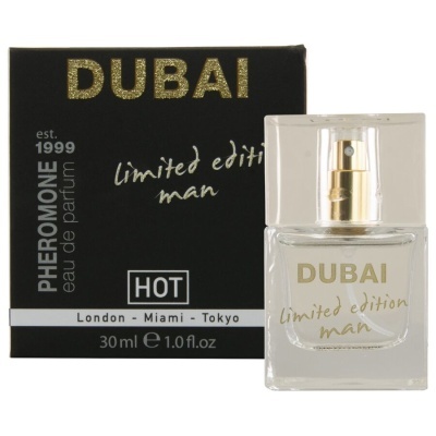 Perfume DUBAI limited edition man com embalagem preta e dourada e frasco transparente.