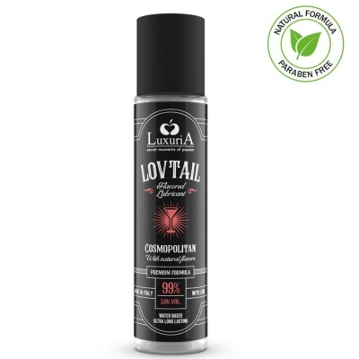 Frasco preto de lubrificante aromatizado com rótulo e selo de fórmula natural sem parabenos