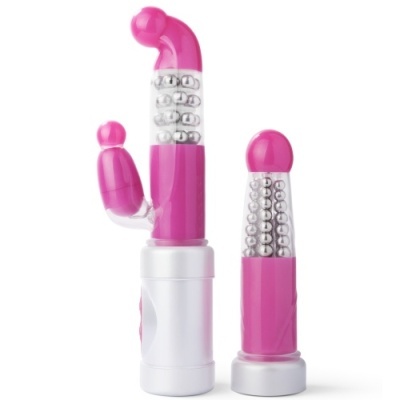Dois vibradores cor-de-rosa com bolas metálicas em tubos transparentes sobre fundo branco