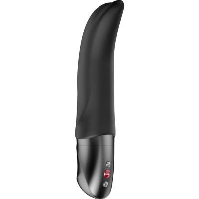 Vibrador preto curvo com botões na base e texto FUN
