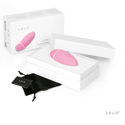 Dispositivo rosa LELO LUNA S em embalagem branca com saco preto de armazenamento.