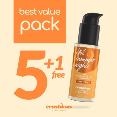 Dispenser de lubrificante pessoal Crushious laranja com tampa pump preta e texto promocional 5+1 free