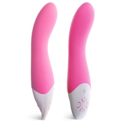 Dois vibradores rosa com base branca em fundo branco