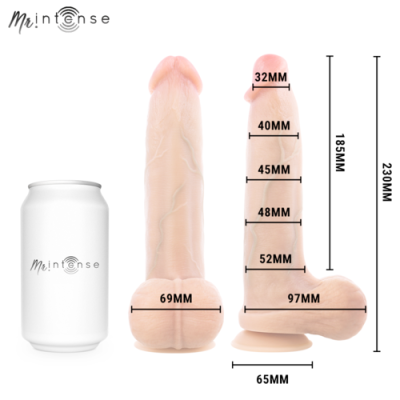 Dildo realista com medidas e lata branca ao lado