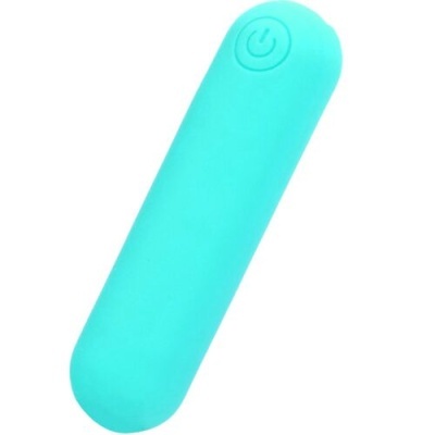 Dispositivo azul claro cilíndrico com botão de ligar/desligar