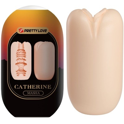 Produto com embalagem PRETTY LOVE e CATHERINE MASHA ao lado de objeto cor de pele com textura e forma cilíndrica