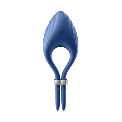 Dispositivo azul em silicone com duas pontas alongadas e anel metálico prateado
