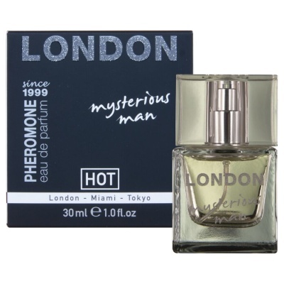 Frasco de perfume e caixa preta com texto Londres e informações do produto