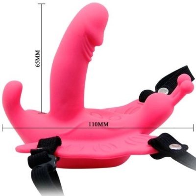 produto em silicone cor-de-rosa com apêndices e alças pretas ajustáveis