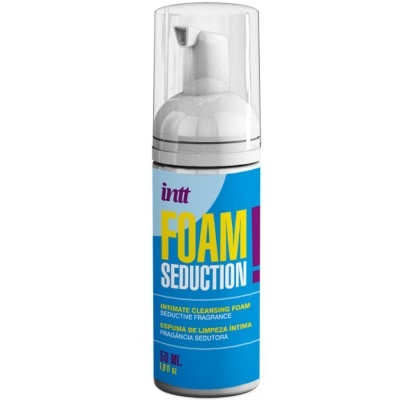Frasco de espuma íntima intt FOAM SEDUCTION com rótulo azul