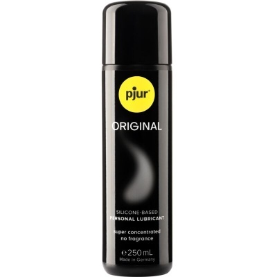 Frasco preto de lubrificante pessoal com rótulo amarelo e branco