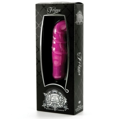 Vibrador roxo na embalagem preta com texto Frigga