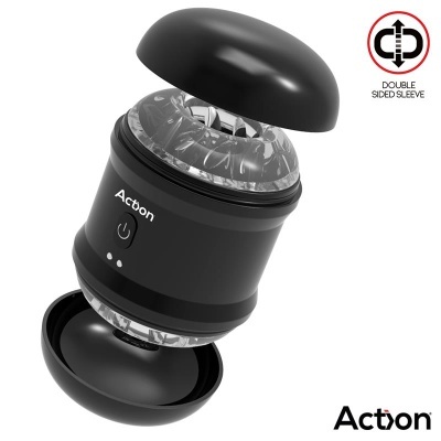 Dispositivo preto cilíndrico com tampa e botão, marca Acton e texto indicativo em fundo branco.