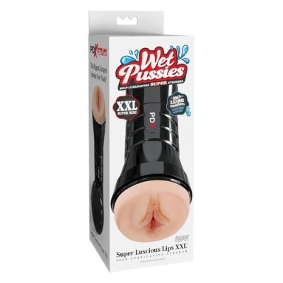 Embalagem de produto sexual masculino Wet Pussies XXL com texto colorido e imagem do produto preto com textura cor de pele.