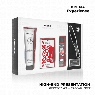 Caixa set BRUMA Experience com gel aloe vera, gel estimulante morango, óleo 3 em 1 e massageador preto