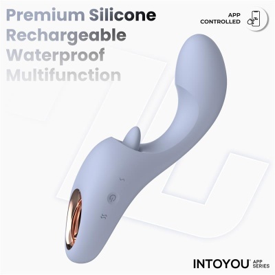 Vibrador de silicone azul claro com controlo por app e acabamento metálico dourado