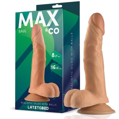 Dildo realista bege com embalagem verde e azul