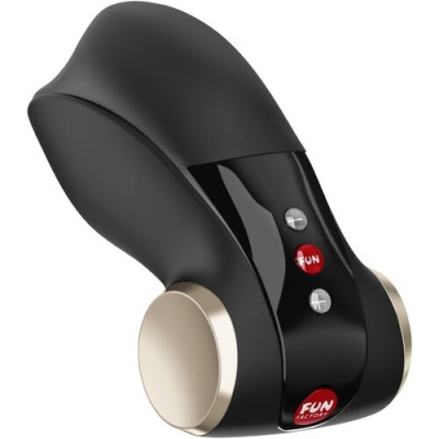Aparelho preto ergonómico com botões vermelhos FUN e FUN FACTORY