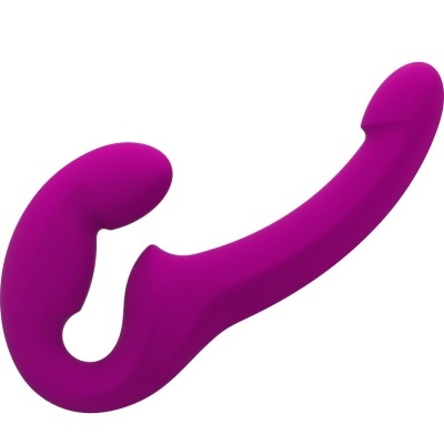 Vibrador roxo em silicone com formato curvo e duplas extremidades.