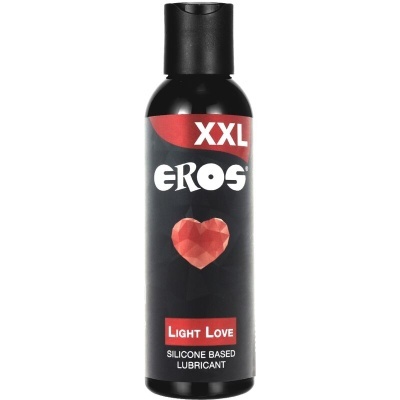 Frasco preto de lubrificante à base de silicone com rótulo preto, vermelho e branco