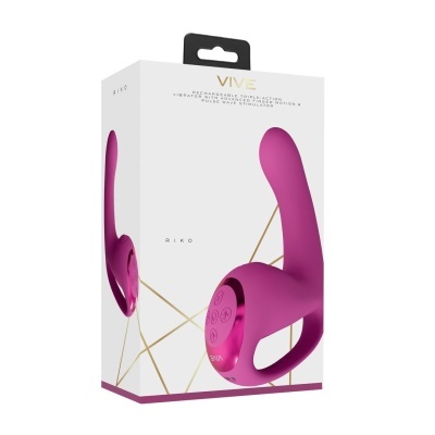 Embalagem branca com vibrador roxo e texto VIVE