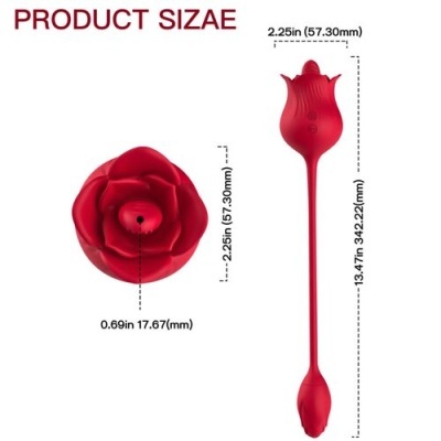 Produto vermelho em forma de rosa com dimensões indicadas e texto PRODUCT SIZE