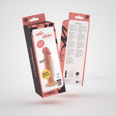 Caixa de embalagem para dildo flexível Ollie com texto descritivo e dimensões