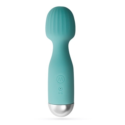 Vibrador azul com base metálica e símbolos nos botões