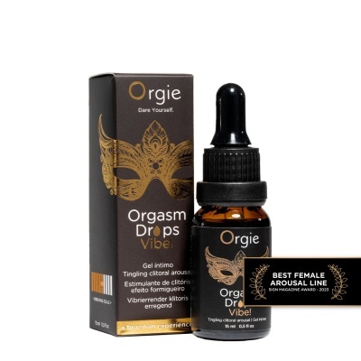 Frasco e caixa de Orgasm Drops Vibe gel íntimo com conta-gotas