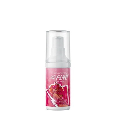 Frasco branco com tampa transparente e rótulo rosa de cosmético Let’s Play! sabor morango