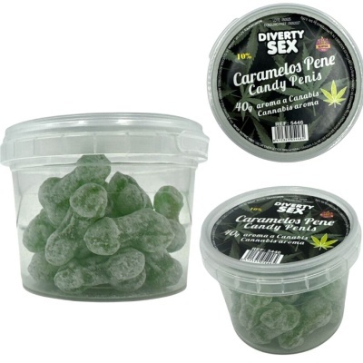 Frasco de caramelos verdes com formato de pénis e rótulo preto com texto