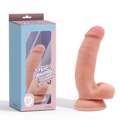 Dildo realista cor pele com base e embalagem azul e rosa
