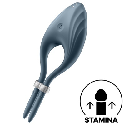 Dispositivo azul escuro com botão e logo stamina preto