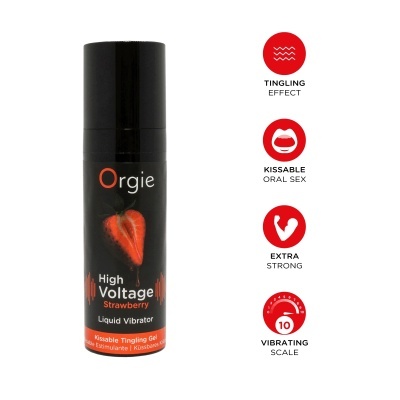 Tubo preto com morango e texto Orgie High Voltage Strawberry Liquid Vibrator e ícones vermelhos ao lado