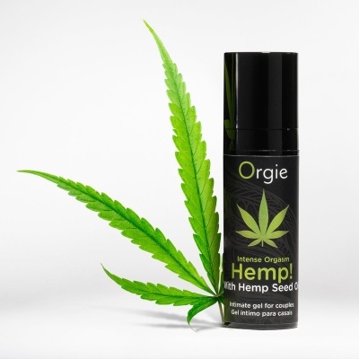 Frasco preto de gel íntimo Orgie com folha verde de cânhamo ao lado