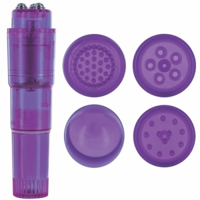 Dispositivo vibratório roxo com cinco cabeças intercambiáveis de diferentes padrões texturizados