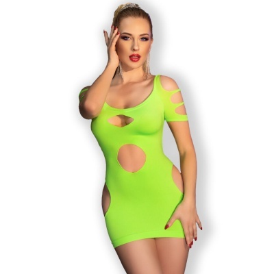 Vestido justo neon verde com recortes circulares e modelo feminino