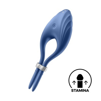 Dispositivo azul de silicone com botão de ligar e anel transparente, junto ao ícone STAMINA