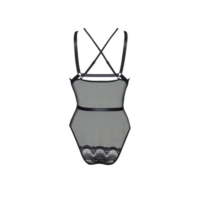 Body feminino preto com malha transparente, renda na parte inferior e tiras cruzadas nas costas