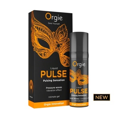 Gel íntimo líquido Orgie Pulse com embalagem preta e máscara laranja