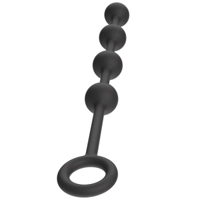 Brinquedo anal de silicone preto com quatro esferas e argola de apoio.