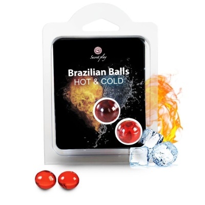 Embalagem de Brazilian Balls HOT & COLD com duas bolas vermelhas, gelo e fogo