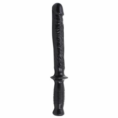 Objeto preto longo com textura e empunhadura canelada
