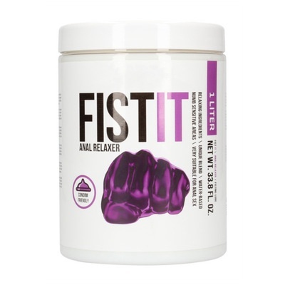 Frasco de produto FIST IT anal relaxer com design branco e detalhes roxos