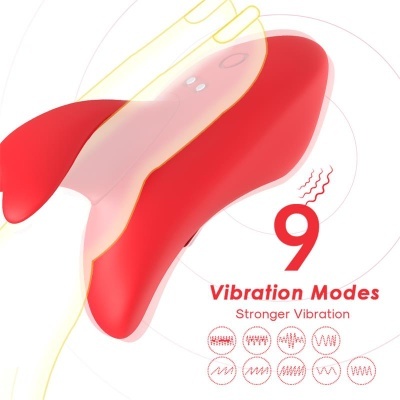 Dispositivo vibratório vermelho com 9 modos e texto promocional