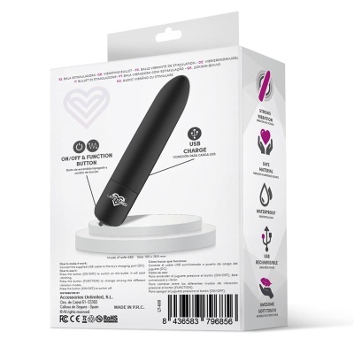 Embalagem branca com bullet vibratório preto e informações do produto em várias línguas