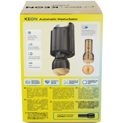 Caixa produto KEON Automatic Masturbator amarelo e preto com texto e imagens do dispositivo