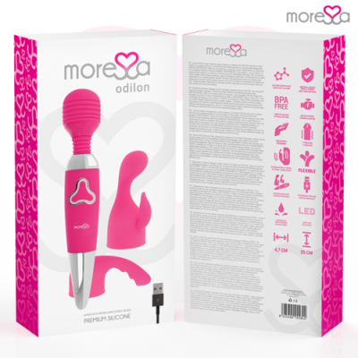 Embalagem do vibrador More Love Odilon rosa com acessórios em silicone e USB. Texto e ícones informativos visíveis.