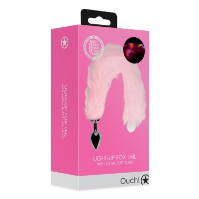 Embalagem rosa com plug anal metálico e cauda de raposa cor-de-rosa peluda